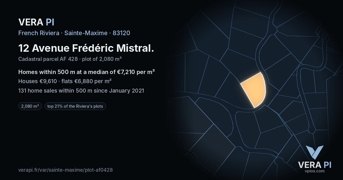 12 Avenue Frédéric Mistral, Sainte-Maxime at night – the plot lit, the parcels around coloured by the prices near them