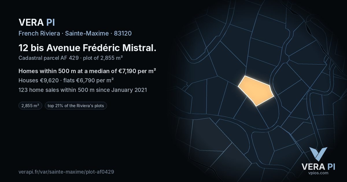 12 bis Avenue Frédéric Mistral, Sainte-Maxime at night – the plot lit, the parcels around coloured by the prices near them