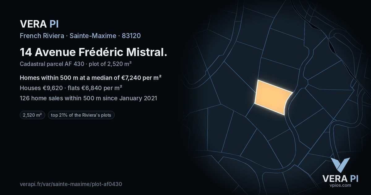 14 Avenue Frédéric Mistral, Sainte-Maxime at night – the plot lit, the parcels around coloured by the prices near them