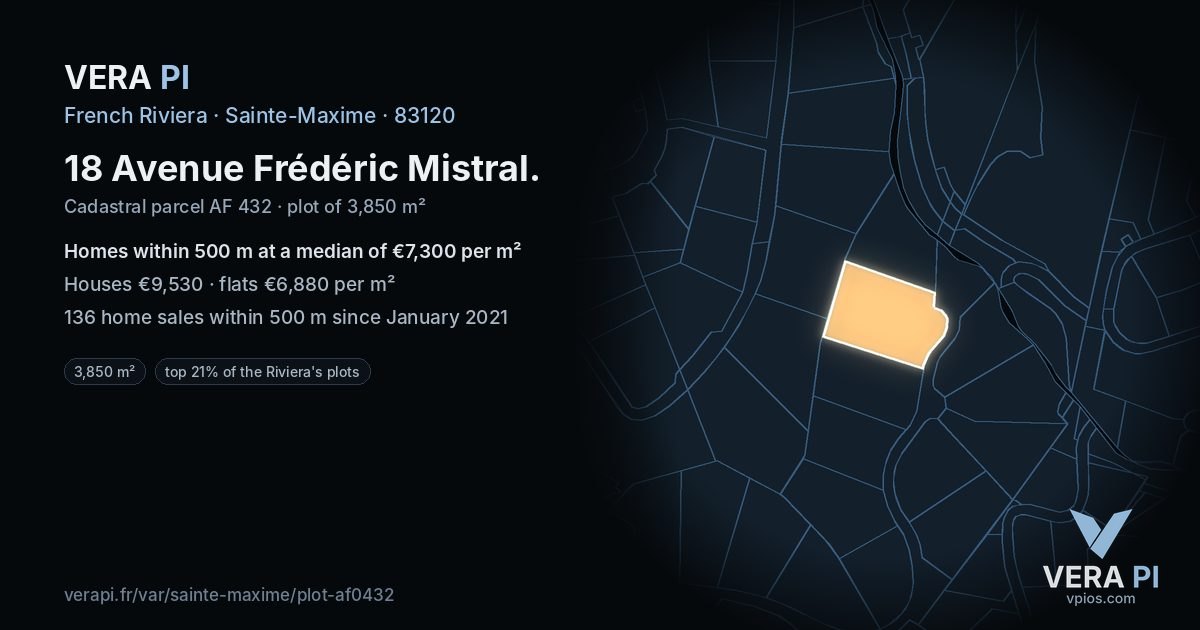 18 Avenue Frédéric Mistral, Sainte-Maxime at night – the plot lit, the parcels around coloured by the prices near them