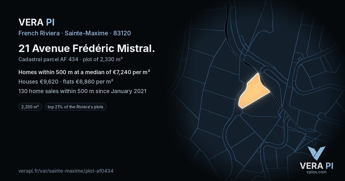 21 Avenue Frédéric Mistral, Sainte-Maxime at night – the plot lit, the parcels around coloured by the prices near them