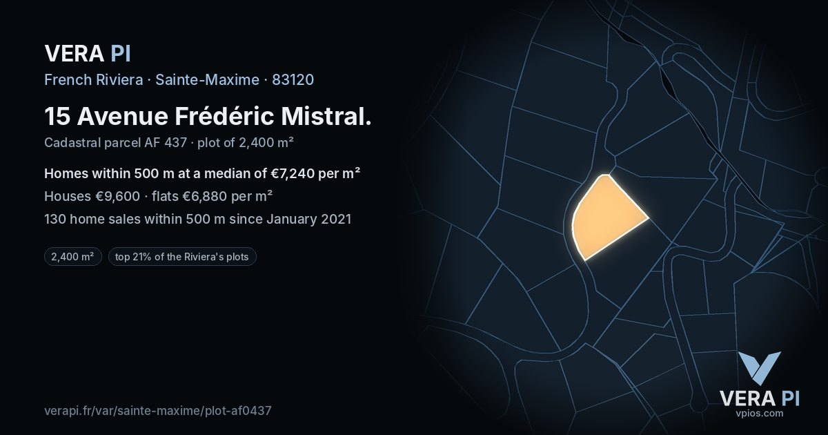 15 Avenue Frédéric Mistral, Sainte-Maxime at night – the plot lit, the parcels around coloured by the prices near them