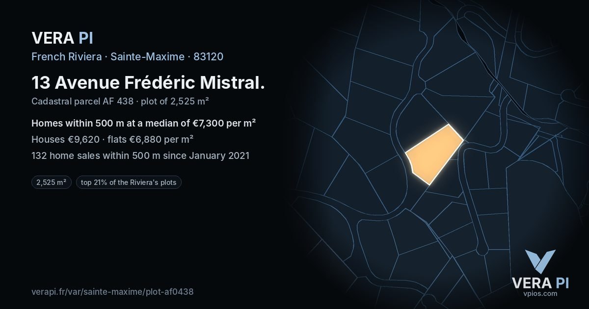 13 Avenue Frédéric Mistral, Sainte-Maxime at night – the plot lit, the parcels around coloured by the prices near them