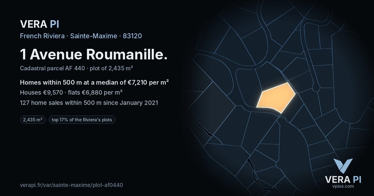 1 Avenue Roumanille, Sainte-Maxime at night – the plot lit, the parcels around coloured by the prices near them