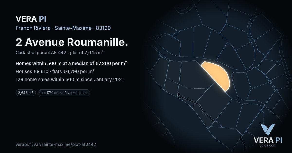 2 Avenue Roumanille, Sainte-Maxime at night – the plot lit, the parcels around coloured by the prices near them