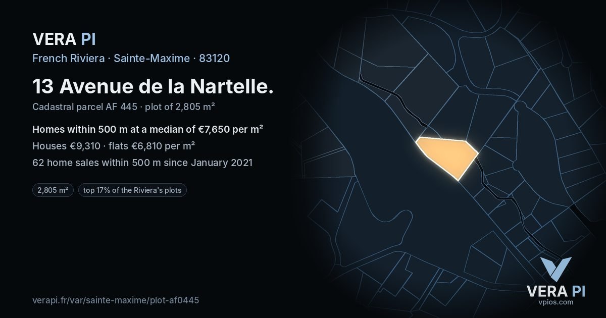 13 Avenue de la Nartelle, Sainte-Maxime at night – the plot lit, the parcels around coloured by the prices near them