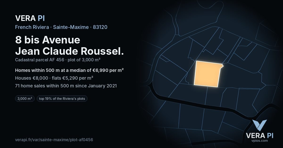 8 bis Avenue Jean Claude Roussel, Sainte-Maxime at night – the plot lit, the parcels around coloured by the prices near them