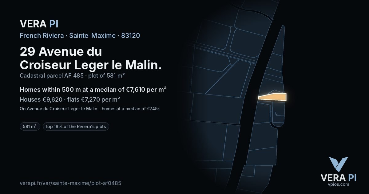 29 Avenue du Croiseur Leger le Malin, Sainte-Maxime at night – the plot lit, the parcels around coloured by the prices near them