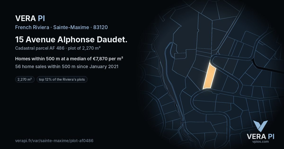 15 Avenue Alphonse Daudet, Sainte-Maxime at night – the plot lit, the parcels around coloured by the prices near them