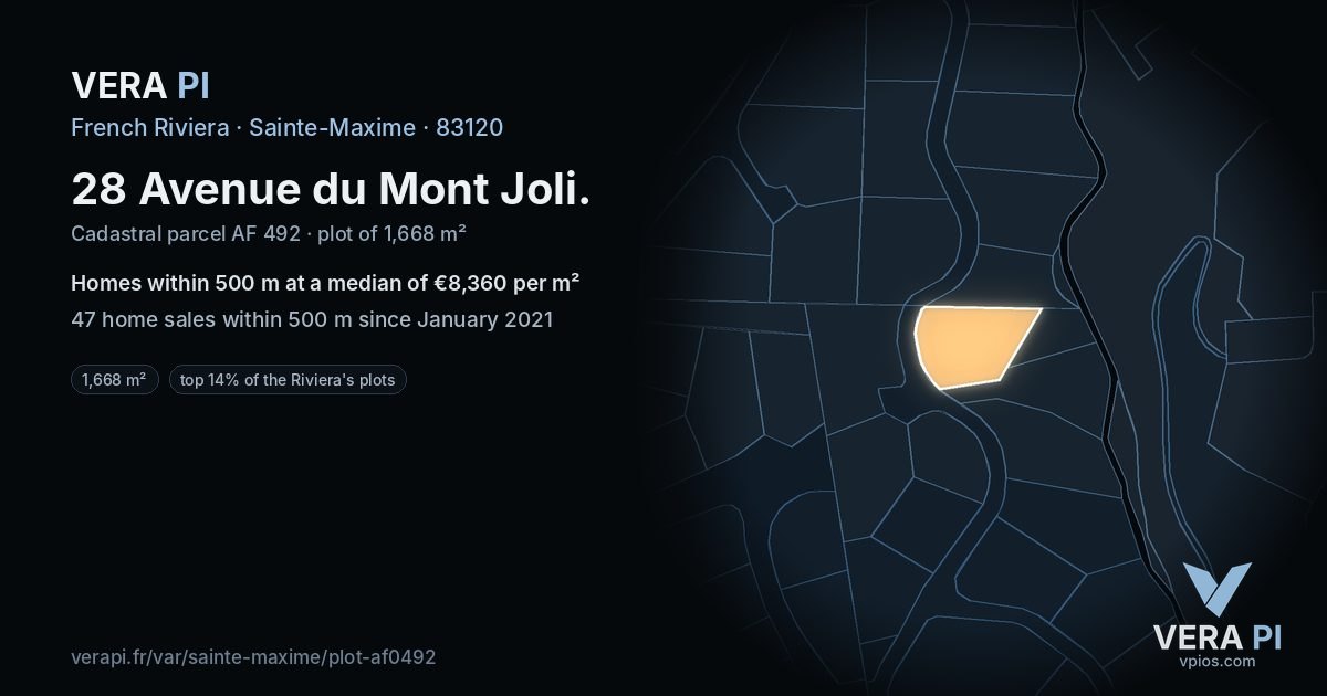 28 Avenue du Mont Joli, Sainte-Maxime at night – the plot lit, the parcels around coloured by the prices near them