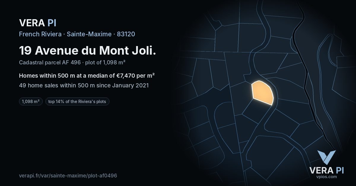 19 Avenue du Mont Joli, Sainte-Maxime at night – the plot lit, the parcels around coloured by the prices near them
