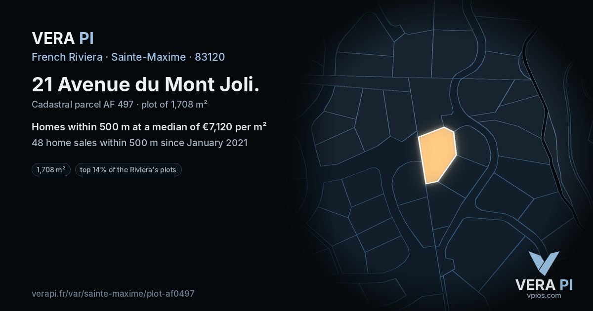 21 Avenue du Mont Joli, Sainte-Maxime at night – the plot lit, the parcels around coloured by the prices near them
