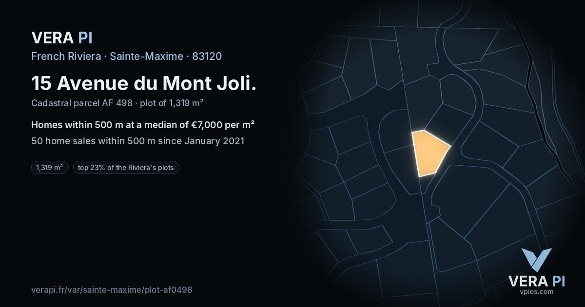 15 Avenue du Mont Joli, Sainte-Maxime at night – the plot lit, the parcels around coloured by the prices near them