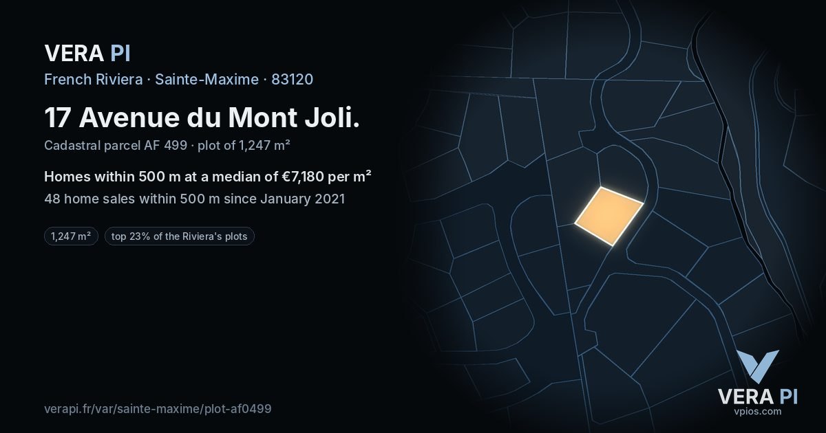 17 Avenue du Mont Joli, Sainte-Maxime at night – the plot lit, the parcels around coloured by the prices near them