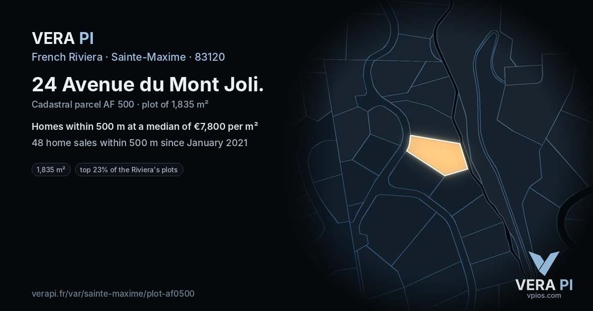 24 Avenue du Mont Joli, Sainte-Maxime at night – the plot lit, the parcels around coloured by the prices near them