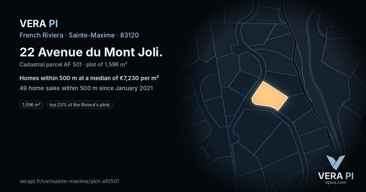 22 Avenue du Mont Joli, Sainte-Maxime at night – the plot lit, the parcels around coloured by the prices near them