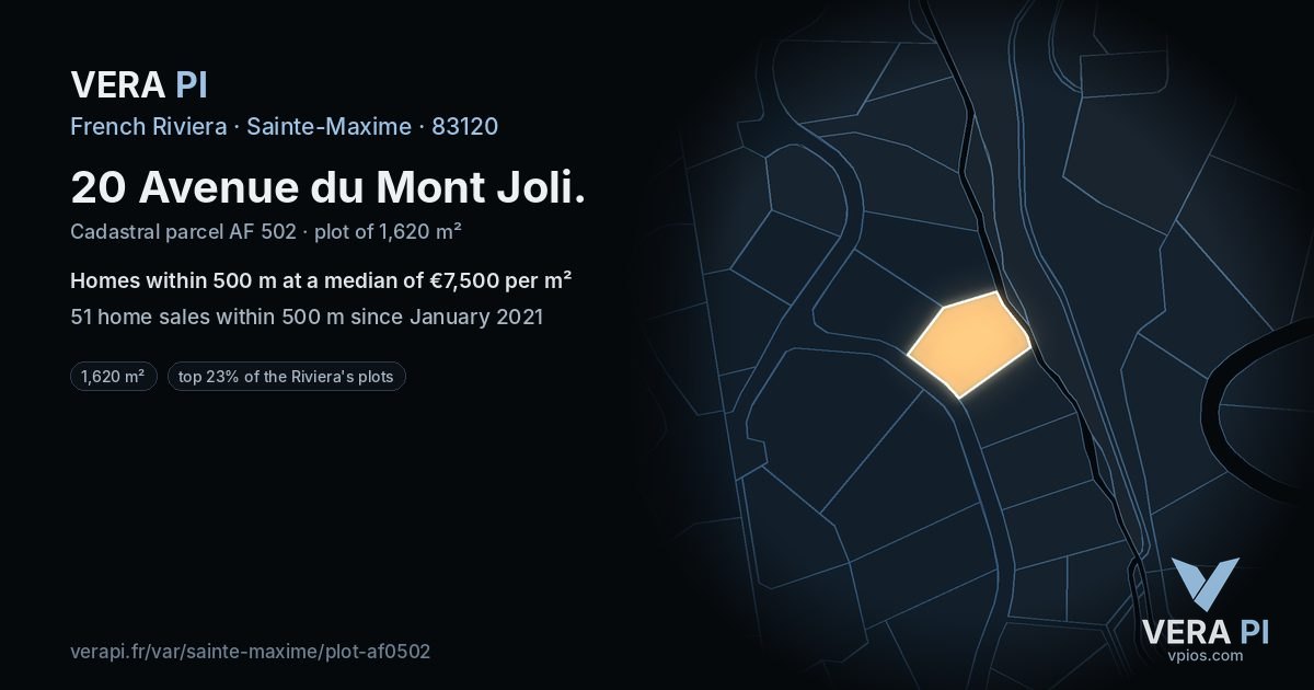 20 Avenue du Mont Joli, Sainte-Maxime at night – the plot lit, the parcels around coloured by the prices near them