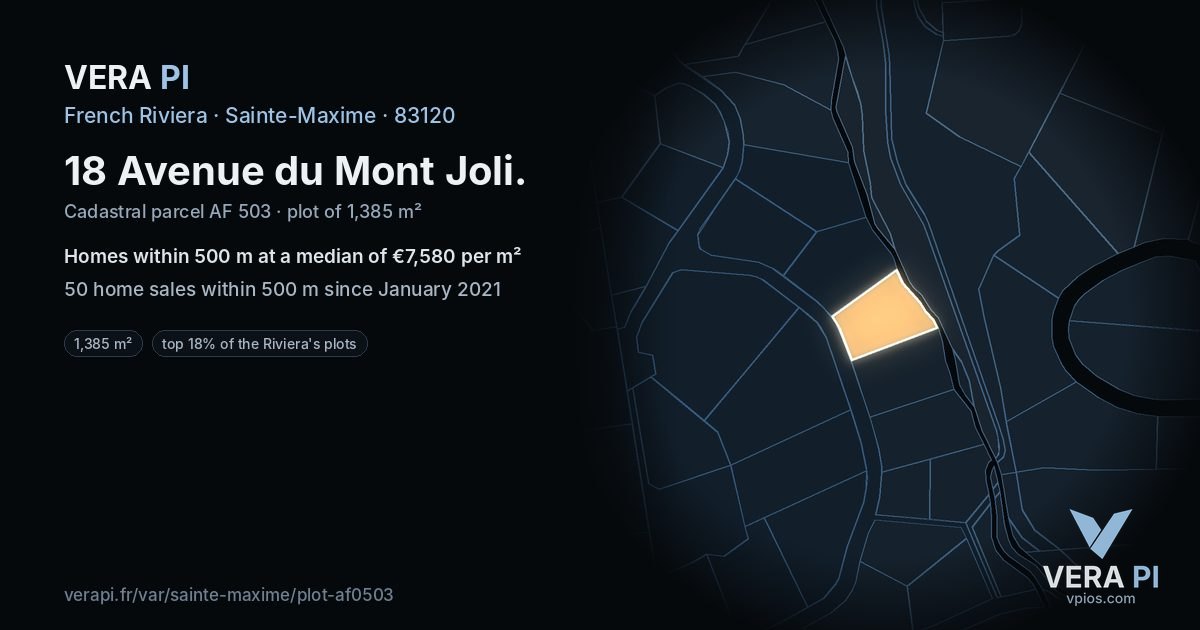 18 Avenue du Mont Joli, Sainte-Maxime at night – the plot lit, the parcels around coloured by the prices near them