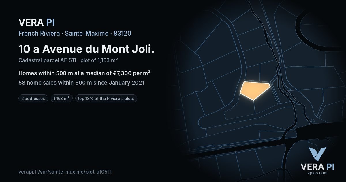 10 a Avenue du Mont Joli, Sainte-Maxime at night – the plot lit, the parcels around coloured by the prices near them