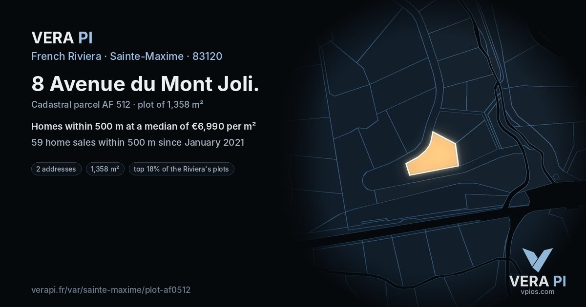 8 Avenue du Mont Joli, Sainte-Maxime at night – the plot lit, the parcels around coloured by the prices near them