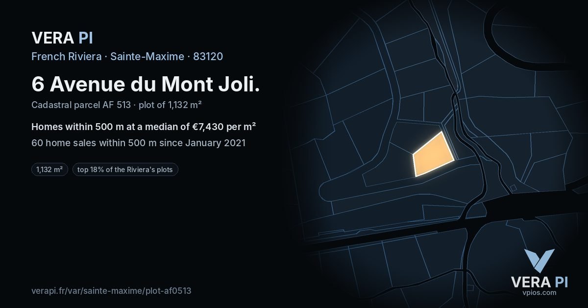 6 Avenue du Mont Joli, Sainte-Maxime at night – the plot lit, the parcels around coloured by the prices near them