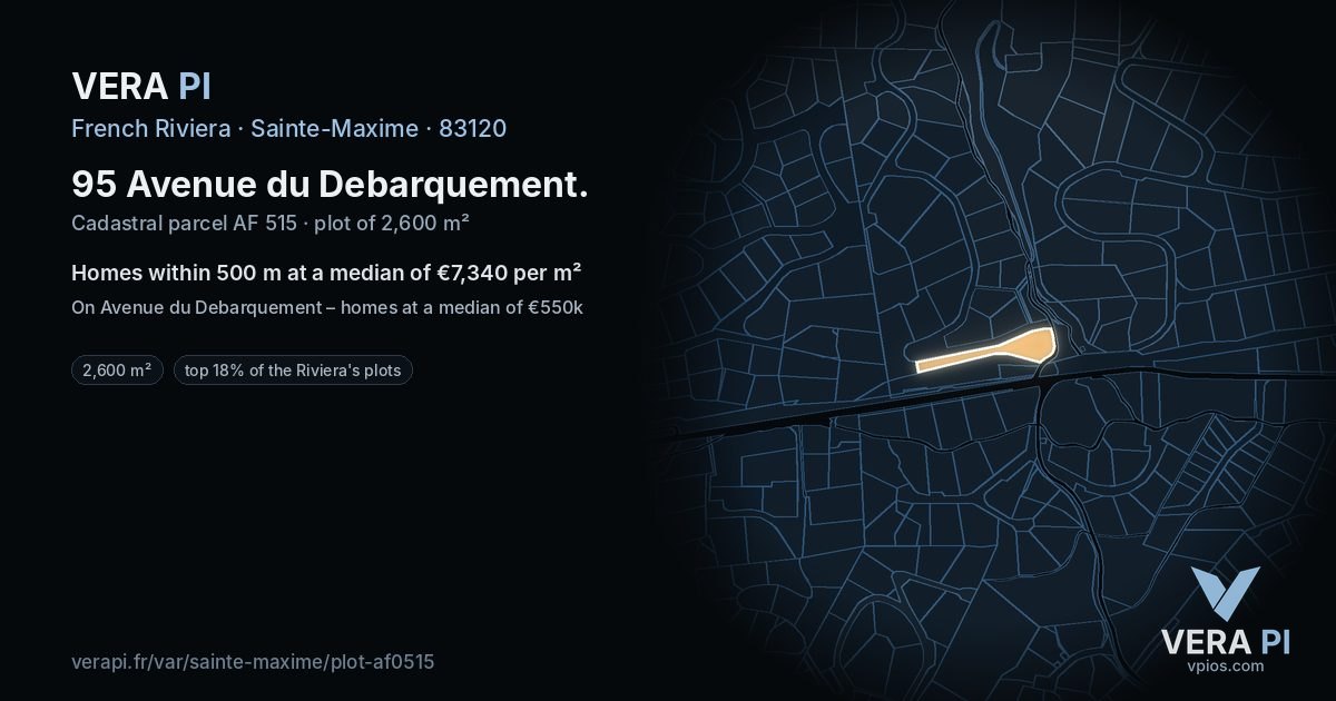 95 Avenue du Debarquement, Sainte-Maxime at night – the plot lit, the parcels around coloured by the prices near them