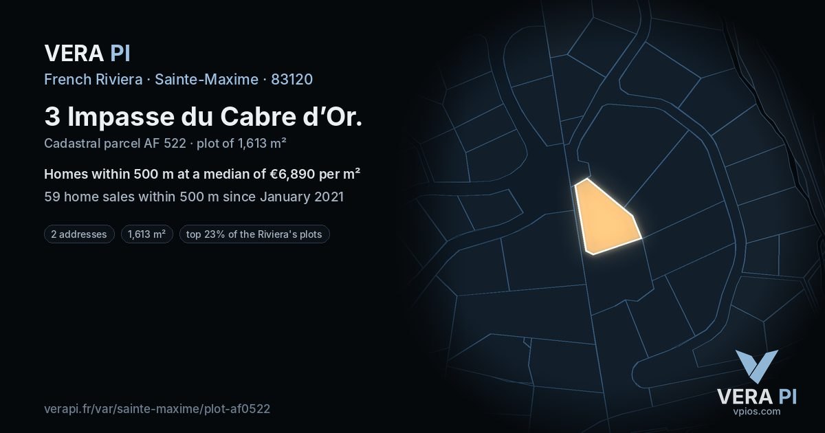3 Impasse du Cabre d’Or, Sainte-Maxime at night – the plot lit, the parcels around coloured by the prices near them