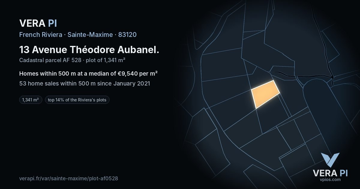13 Avenue Théodore Aubanel, Sainte-Maxime at night – the plot lit, the parcels around coloured by the prices near them