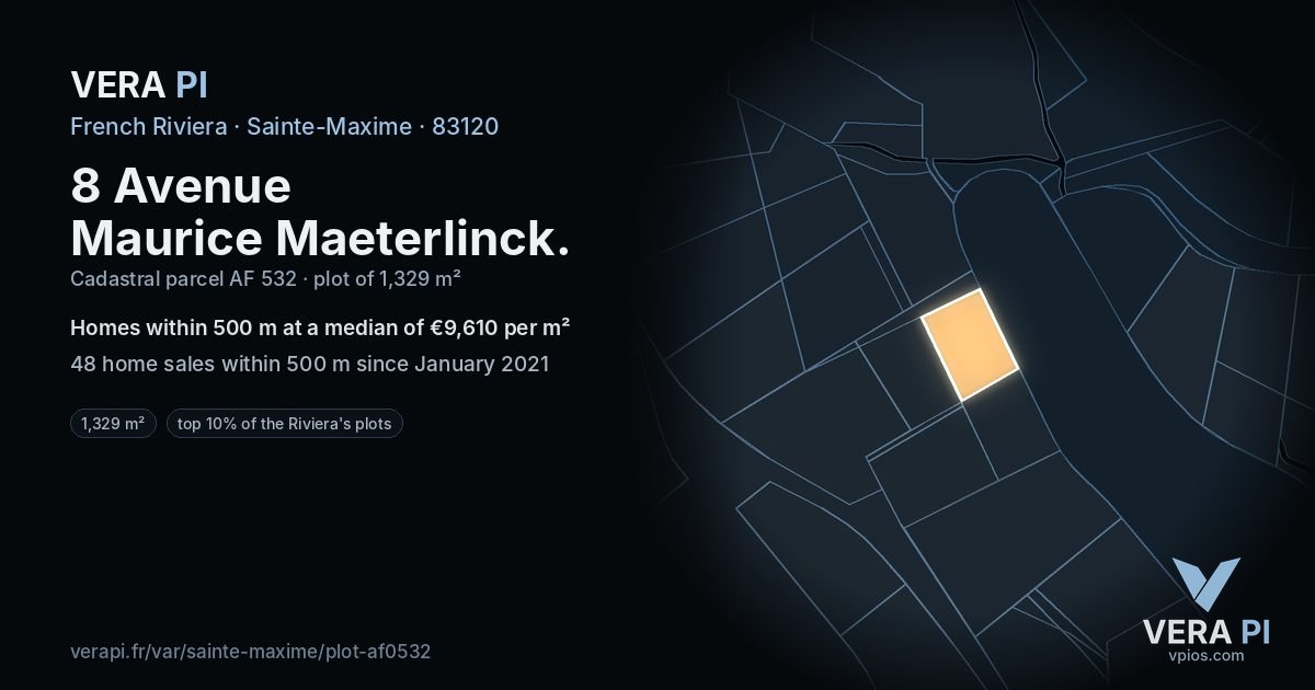 8 Avenue Maurice Maeterlinck, Sainte-Maxime at night – the plot lit, the parcels around coloured by the prices near them