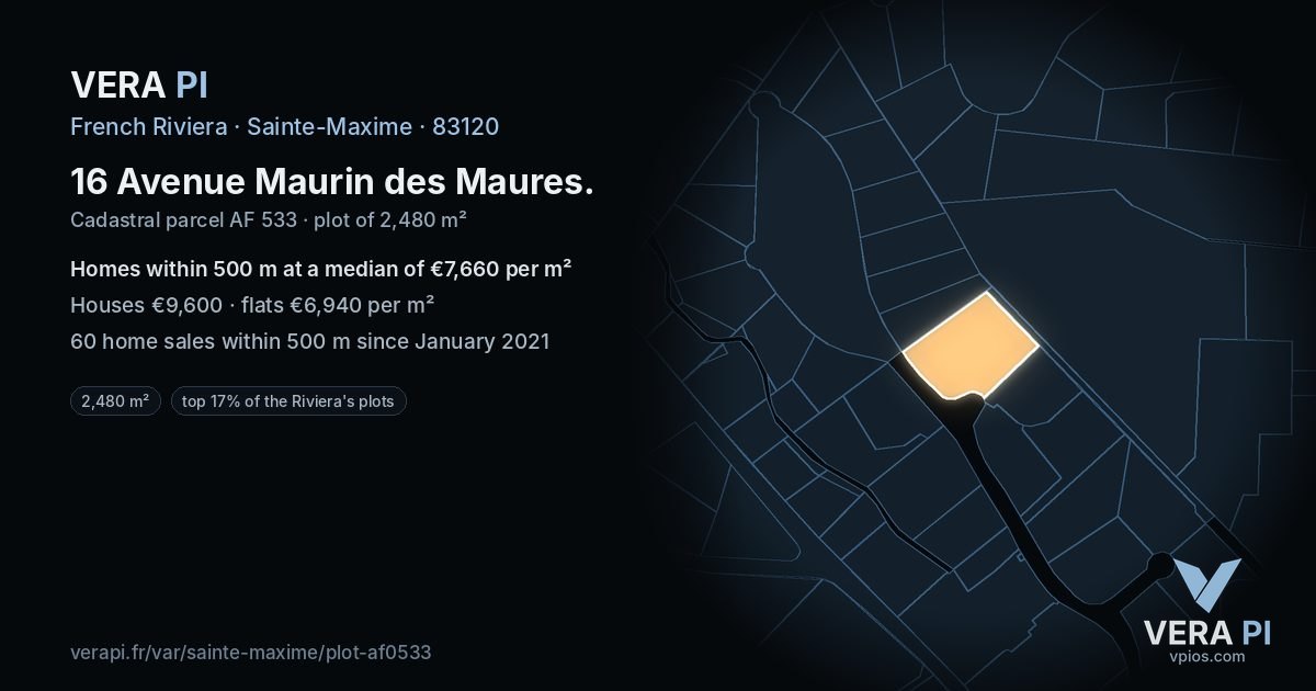 16 Avenue Maurin des Maures, Sainte-Maxime at night – the plot lit, the parcels around coloured by the prices near them