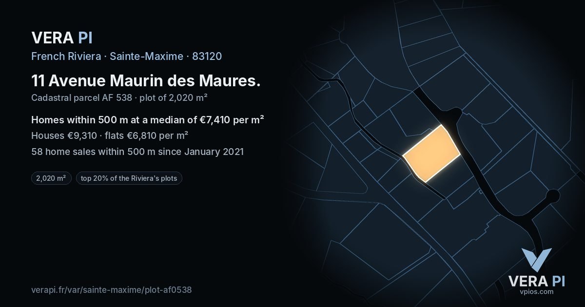 11 Avenue Maurin des Maures, Sainte-Maxime at night – the plot lit, the parcels around coloured by the prices near them