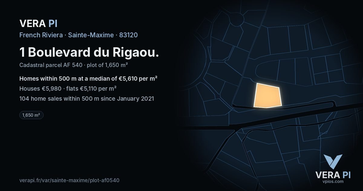 1 Boulevard du Rigaou, Sainte-Maxime at night – the plot lit, the parcels around coloured by the prices near them