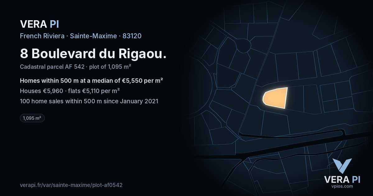 8 Boulevard du Rigaou, Sainte-Maxime at night – the plot lit, the parcels around coloured by the prices near them