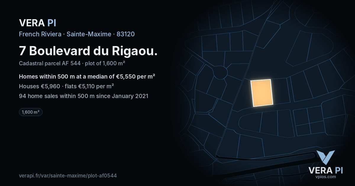 7 Boulevard du Rigaou, Sainte-Maxime at night – the plot lit, the parcels around coloured by the prices near them