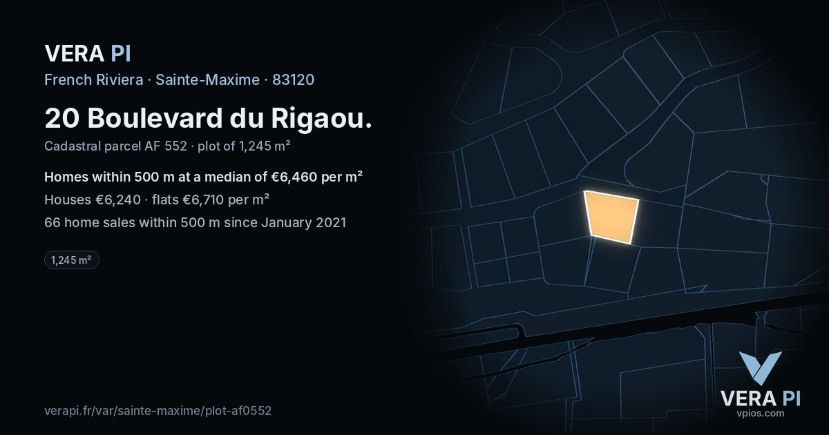 20 Boulevard du Rigaou, Sainte-Maxime at night – the plot lit, the parcels around coloured by the prices near them