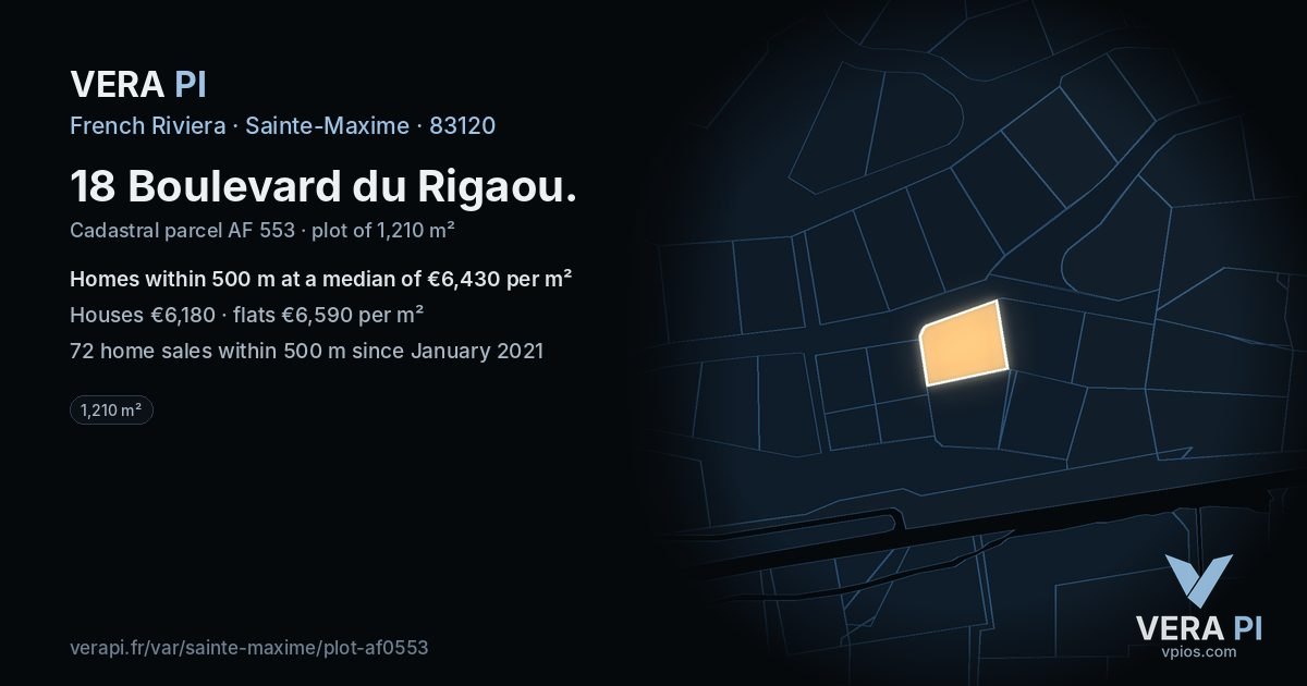 18 Boulevard du Rigaou, Sainte-Maxime at night – the plot lit, the parcels around coloured by the prices near them