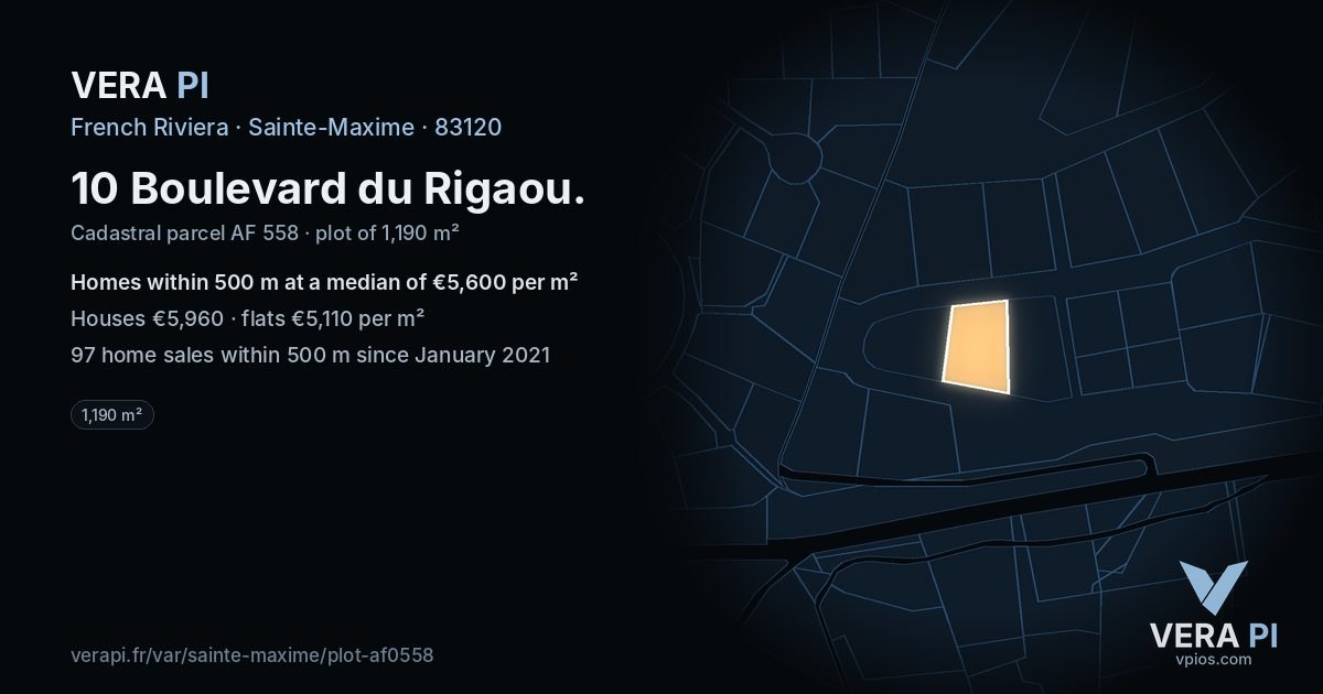 10 Boulevard du Rigaou, Sainte-Maxime at night – the plot lit, the parcels around coloured by the prices near them