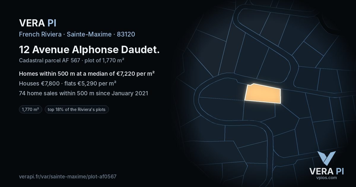 12 Avenue Alphonse Daudet, Sainte-Maxime at night – the plot lit, the parcels around coloured by the prices near them