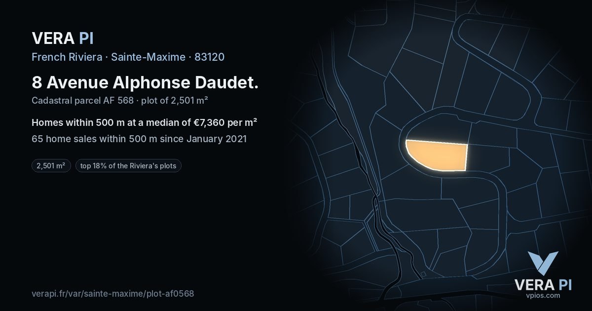 8 Avenue Alphonse Daudet, Sainte-Maxime at night – the plot lit, the parcels around coloured by the prices near them