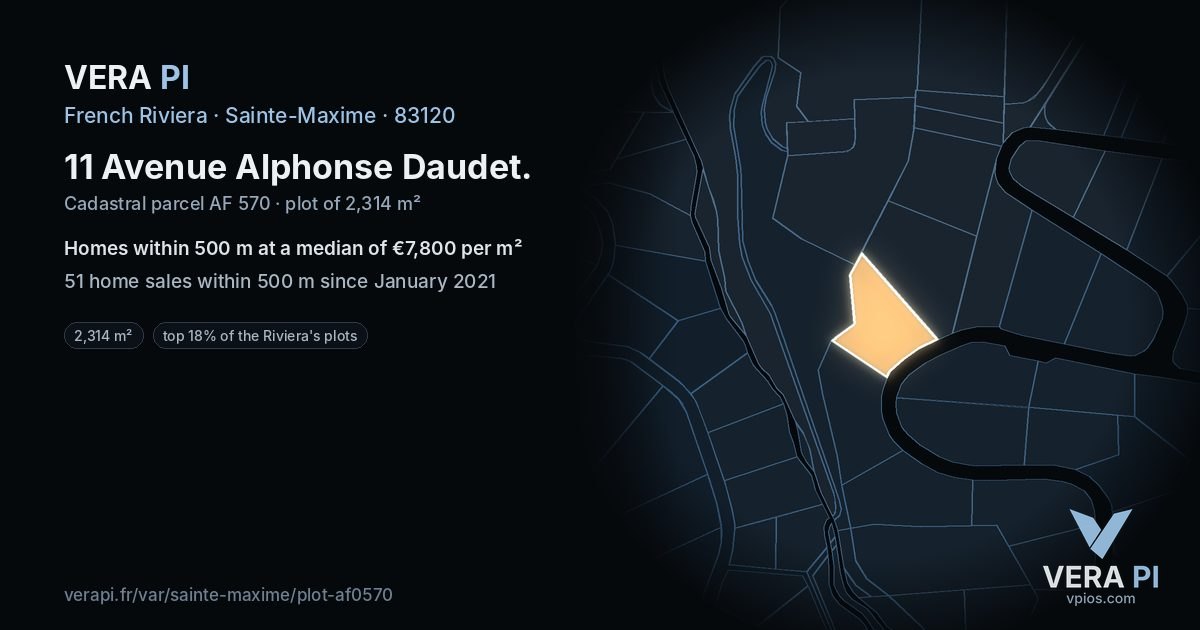 11 Avenue Alphonse Daudet, Sainte-Maxime at night – the plot lit, the parcels around coloured by the prices near them