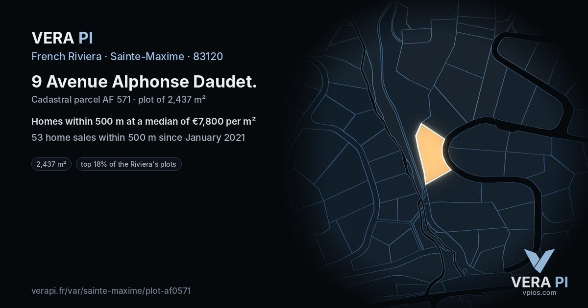 9 Avenue Alphonse Daudet, Sainte-Maxime at night – the plot lit, the parcels around coloured by the prices near them