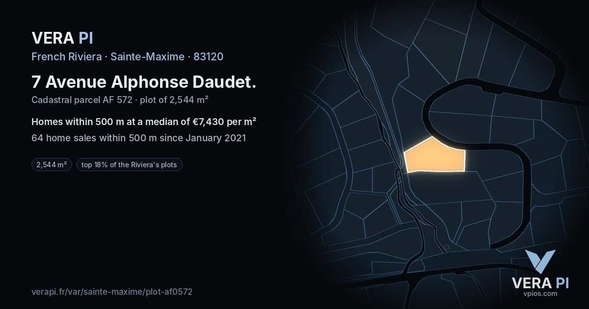 7 Avenue Alphonse Daudet, Sainte-Maxime at night – the plot lit, the parcels around coloured by the prices near them