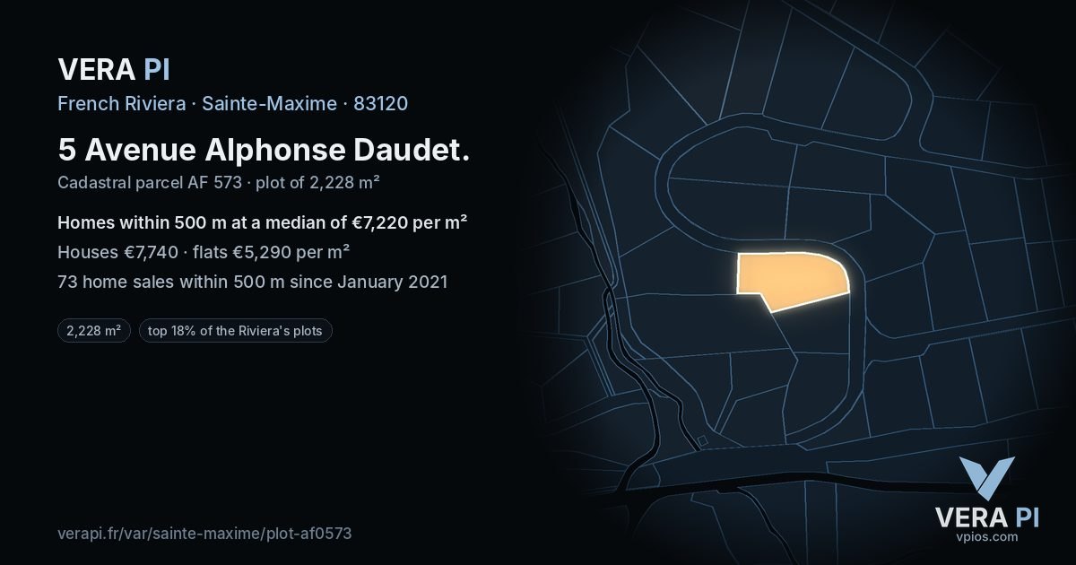 5 Avenue Alphonse Daudet, Sainte-Maxime at night – the plot lit, the parcels around coloured by the prices near them