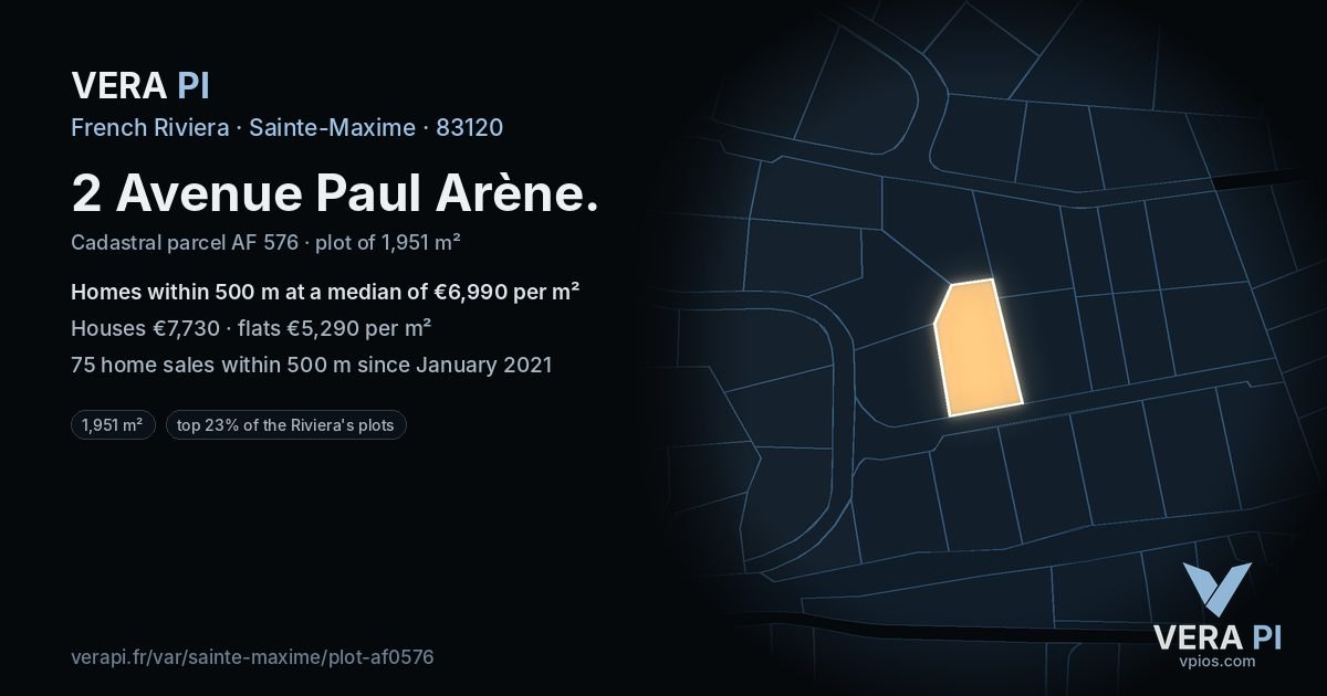 2 Avenue Paul Arène, Sainte-Maxime at night – the plot lit, the parcels around coloured by the prices near them