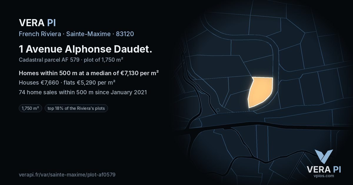 1 Avenue Alphonse Daudet, Sainte-Maxime at night – the plot lit, the parcels around coloured by the prices near them