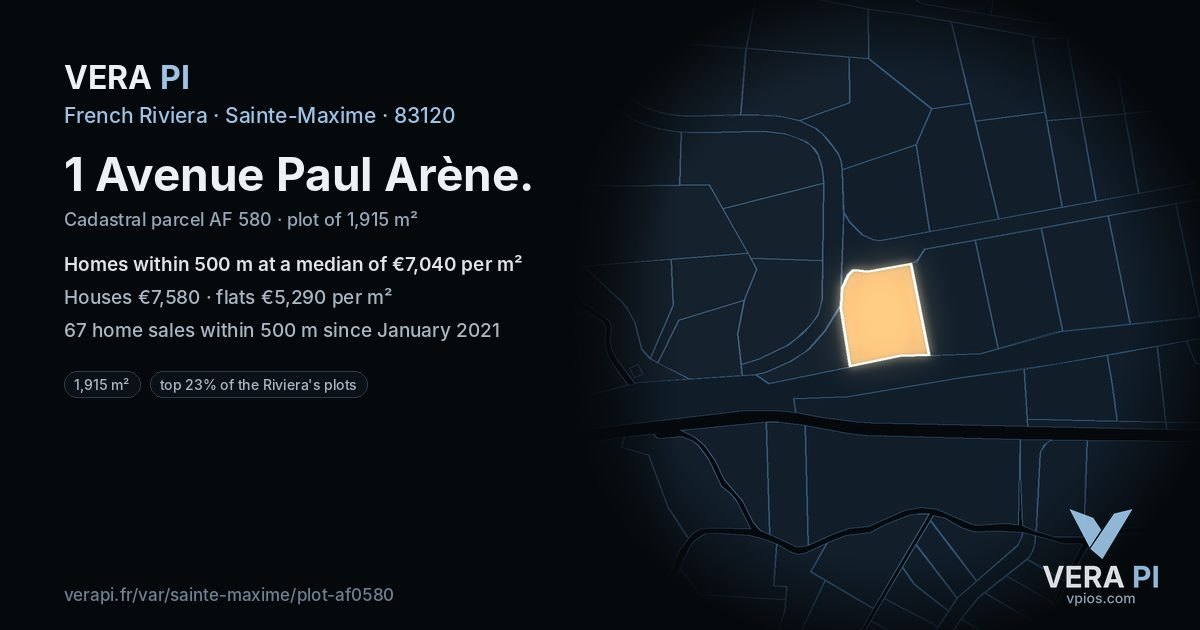 1 Avenue Paul Arène, Sainte-Maxime at night – the plot lit, the parcels around coloured by the prices near them