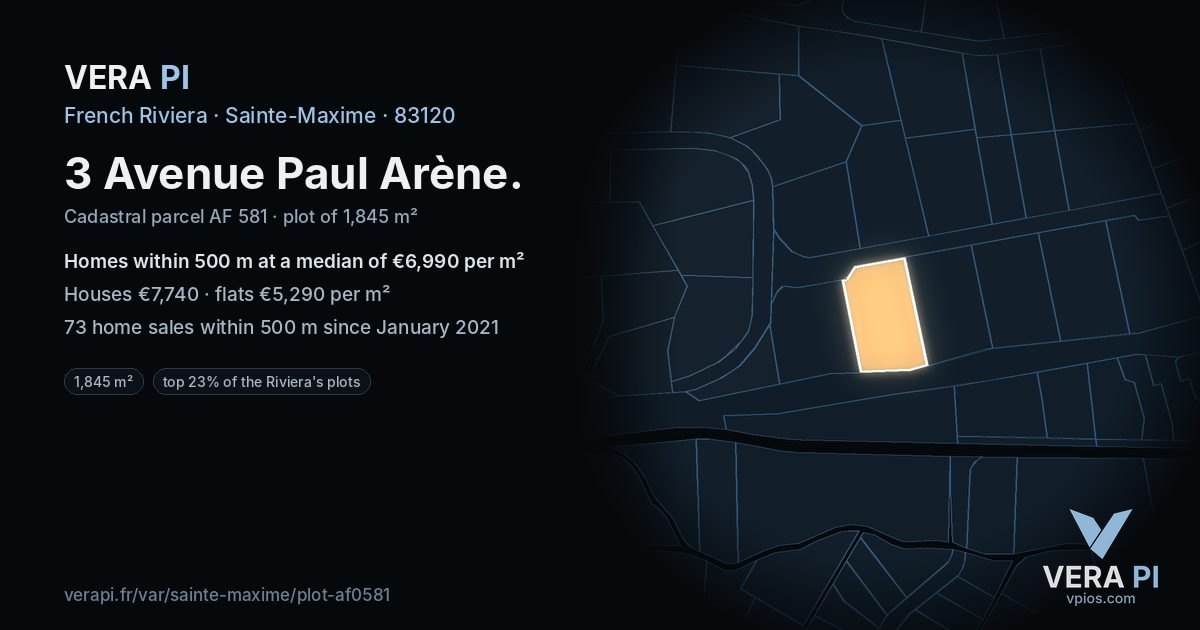 3 Avenue Paul Arène, Sainte-Maxime at night – the plot lit, the parcels around coloured by the prices near them