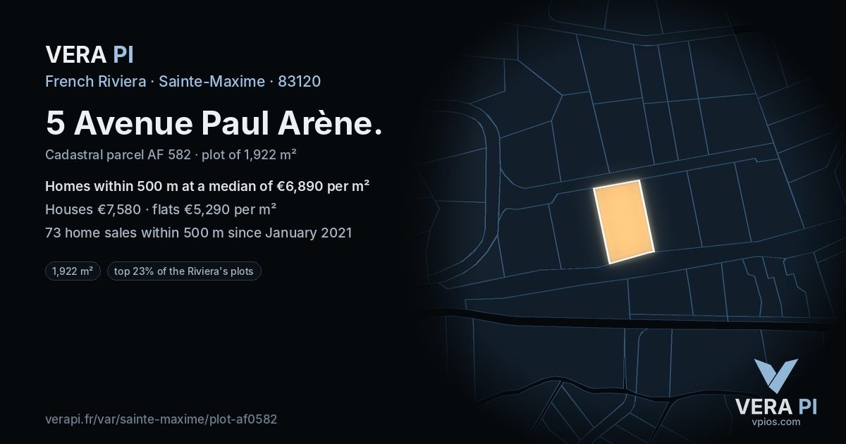 5 Avenue Paul Arène, Sainte-Maxime at night – the plot lit, the parcels around coloured by the prices near them