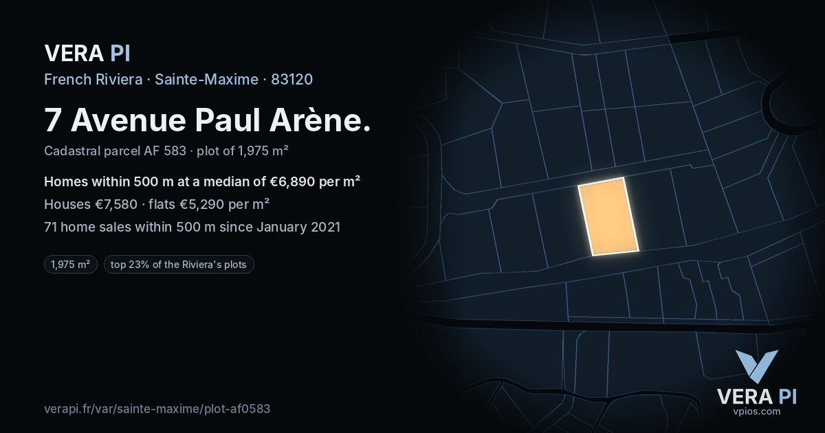 7 Avenue Paul Arène, Sainte-Maxime at night – the plot lit, the parcels around coloured by the prices near them