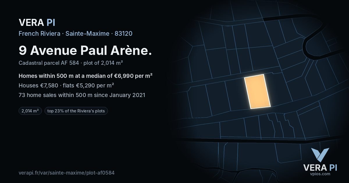 9 Avenue Paul Arène, Sainte-Maxime at night – the plot lit, the parcels around coloured by the prices near them